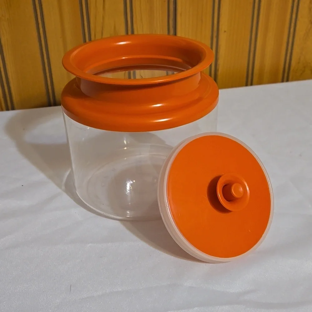 Vintage Tupperware 1477, Clear Acrylic Canister, Orange, Sealable Plunger Top